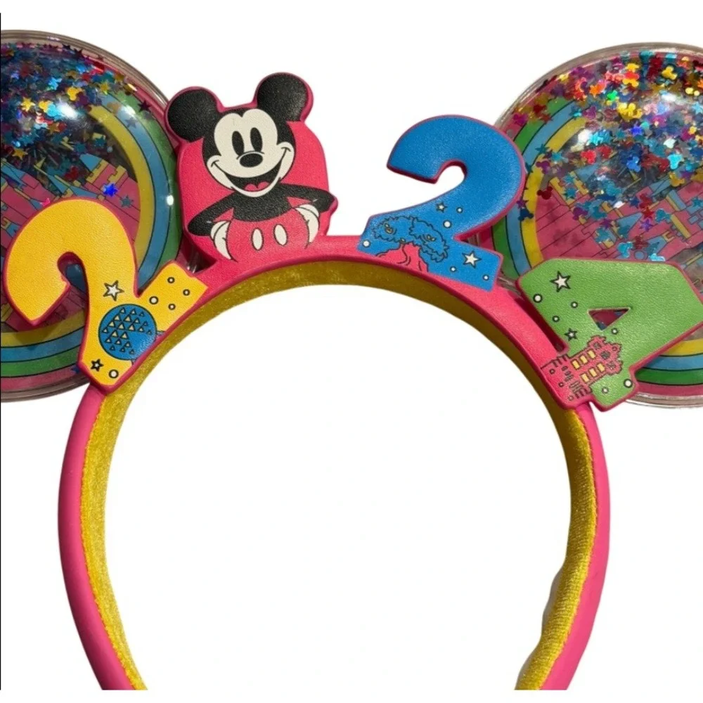 Disney Kids 2024 Mickey Mouse Ear Headband OS Pink Confetti Rainbow Park Trip